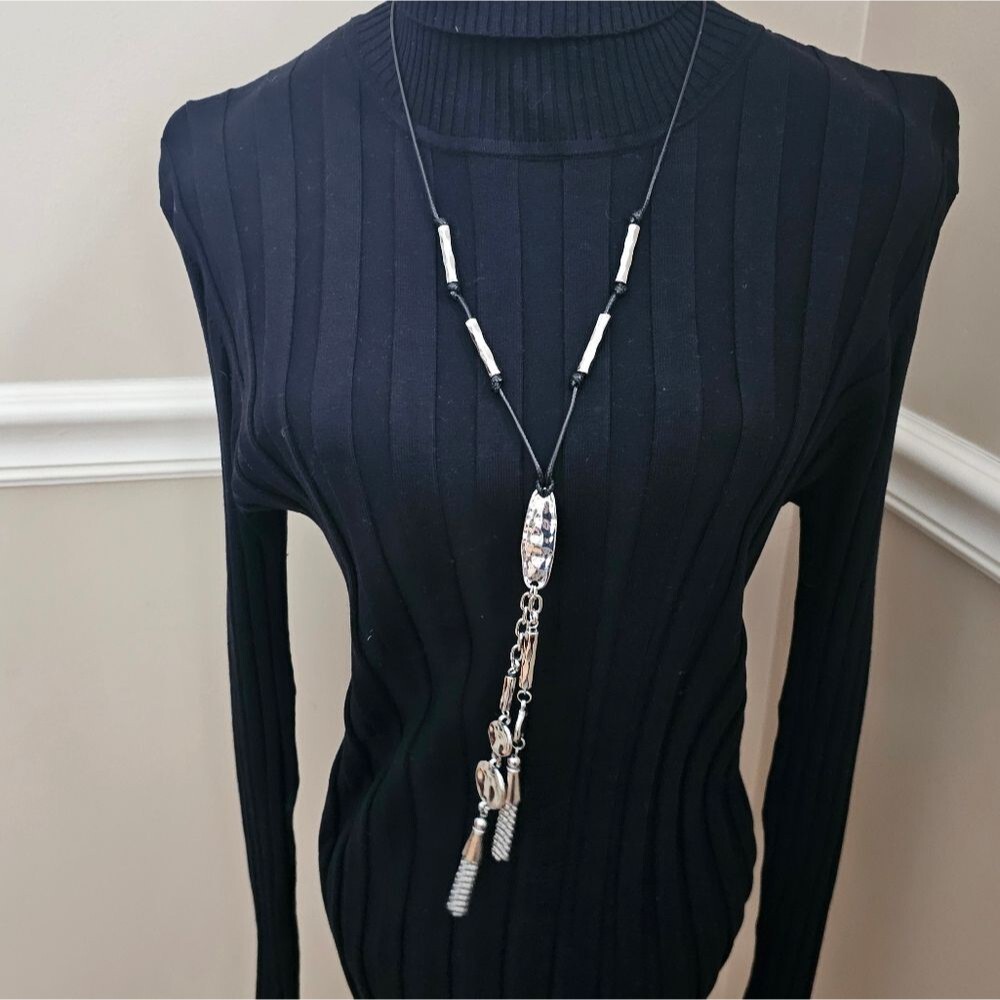 NEW Chico’s Long Black Leather Silver Tassel Necklace 13" Long plus Tassel